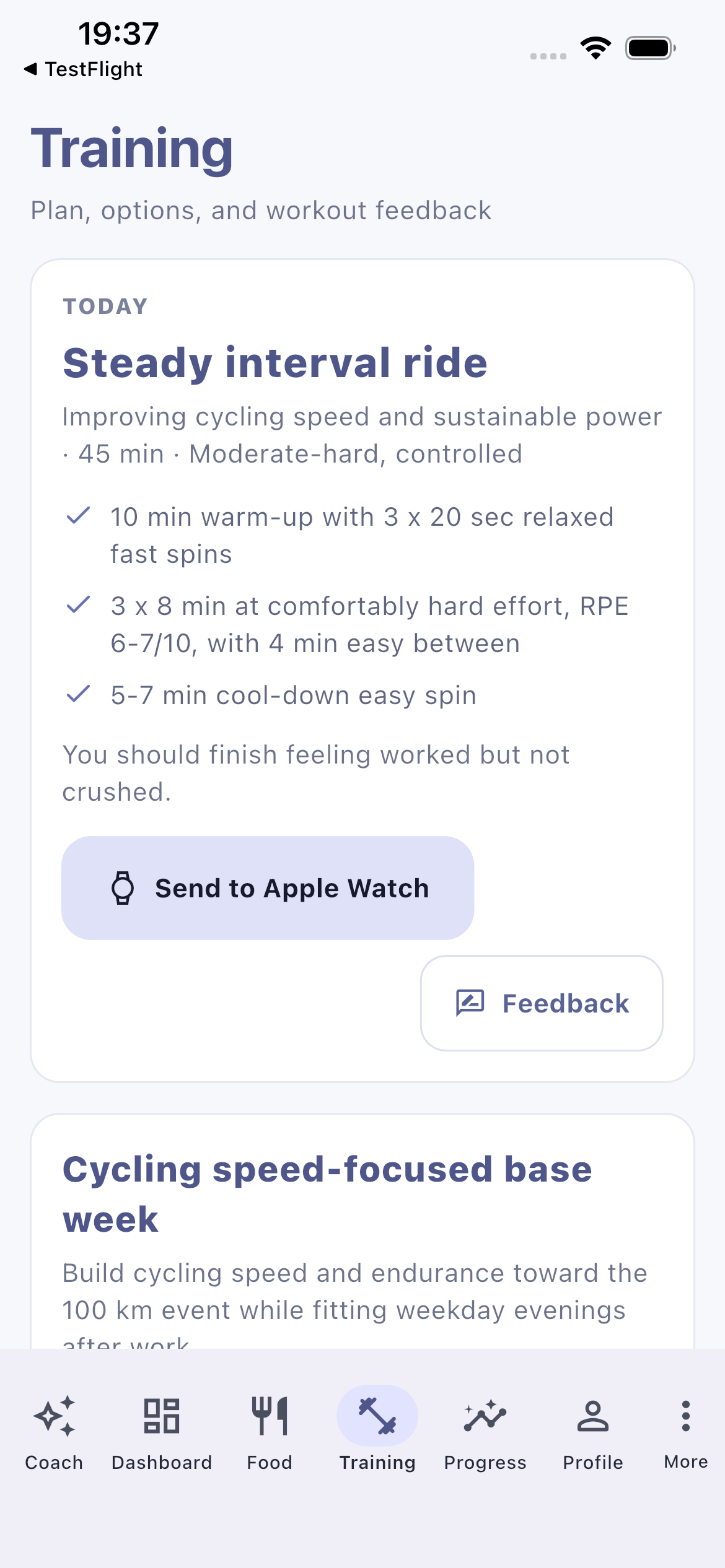 Maya showing a personalised interval cycling workout with Apple Watch delivery